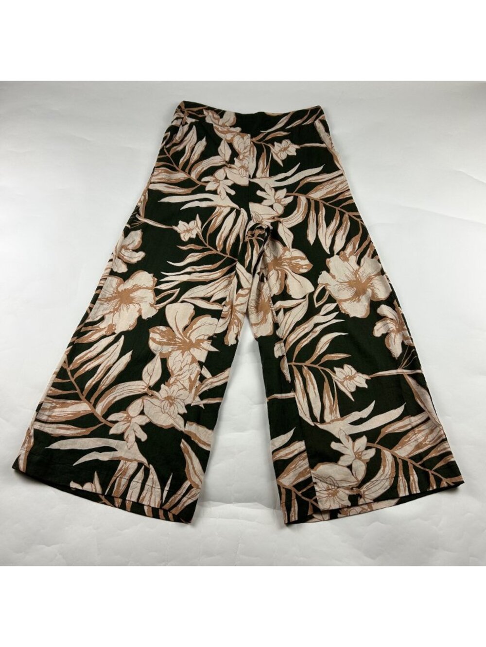 Rachel Zoe Dark Olive Tan Tropical Print Linen Blend Wide Leg Pant M